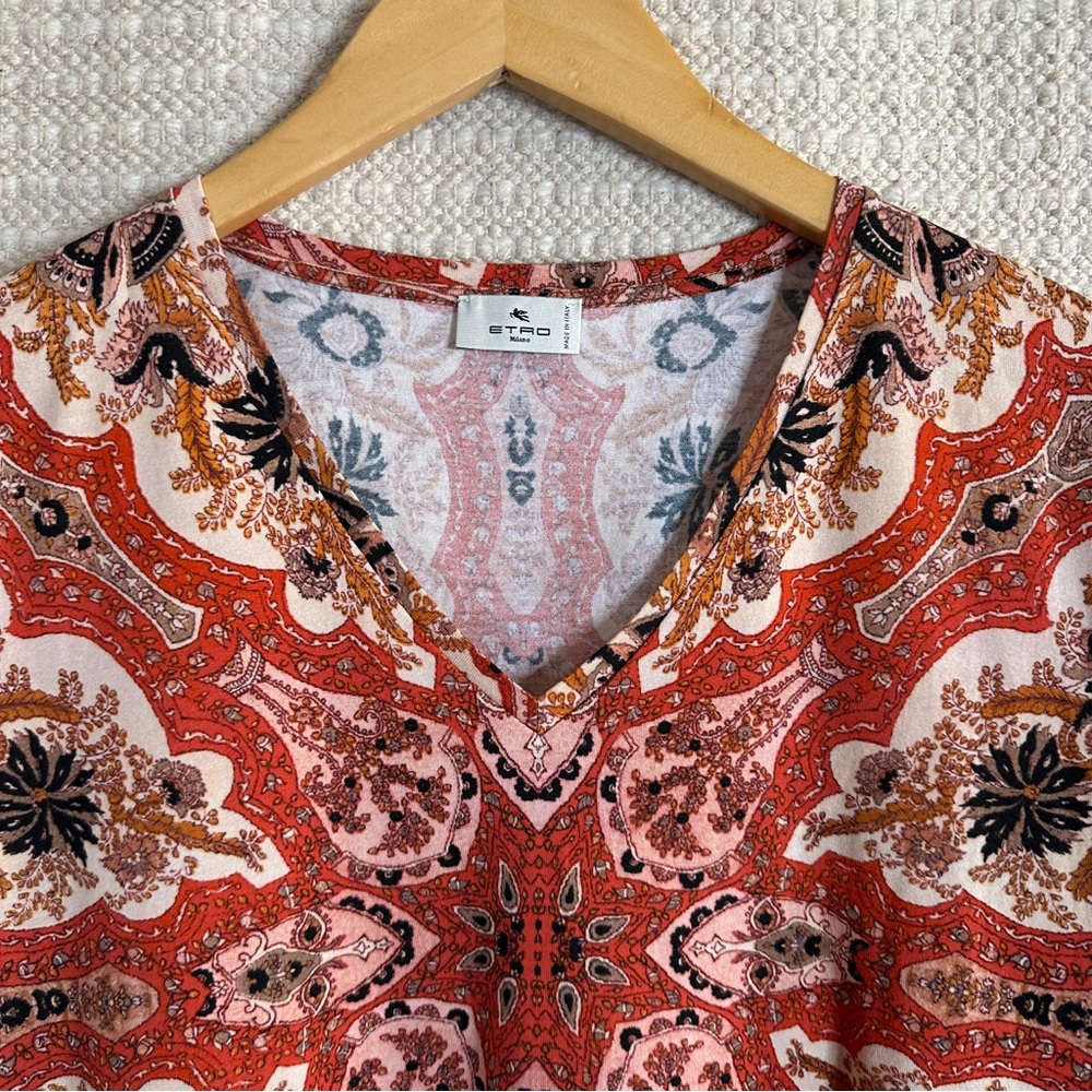 ETRO orange paisley jersey knit v-neck short sleeve tee 44 M - Picture 2 of 6